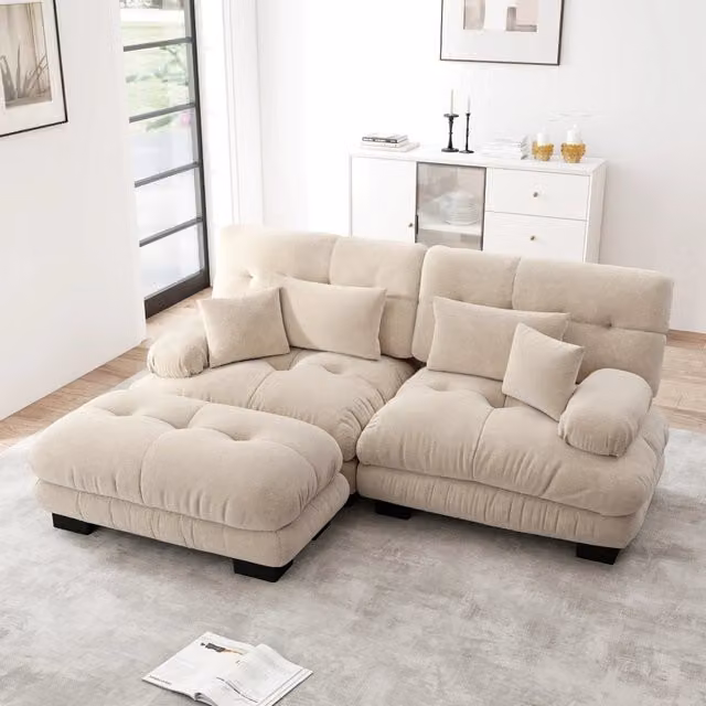 Divano angolare a nuvola 2 posti in ciniglia con pouf abbinato, 220x145x81 cm, marrone chiaro