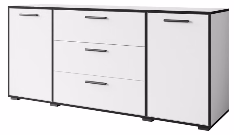 Comò moderno da soggiorno, 150 cm di larghezza, con 3 cassetti e 2 ante, finitura bianca opaca