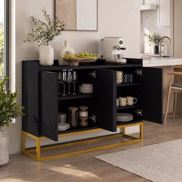 Credenza MIVRAY moderna con 4 ante senza maniglie e due ripiani regolabili per cucina o soggiorno, colore nero, L/P/H: 120 x 30 x 80 cm