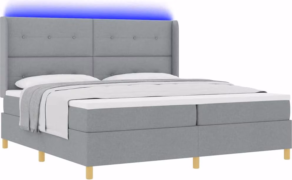Letto boxspring con strisce luminose a LED, grigio chiaro, 200 x 200 cm, rivestimento in tessuto