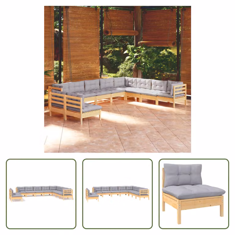 The Living Store Set da giardino da 10 pezzi con cuscini grigi in legno di pino massiccio