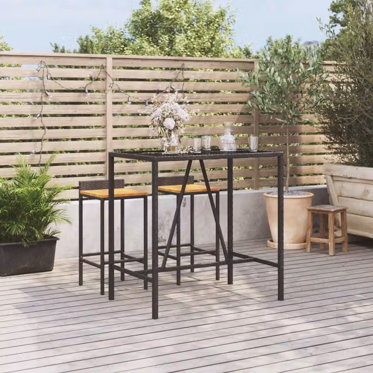 vidaXL Tavolo da Bar Moderno in Polyrattan con Piano in Vetro Nero L: 110 cm, P: 70 cm, H: 110 cm