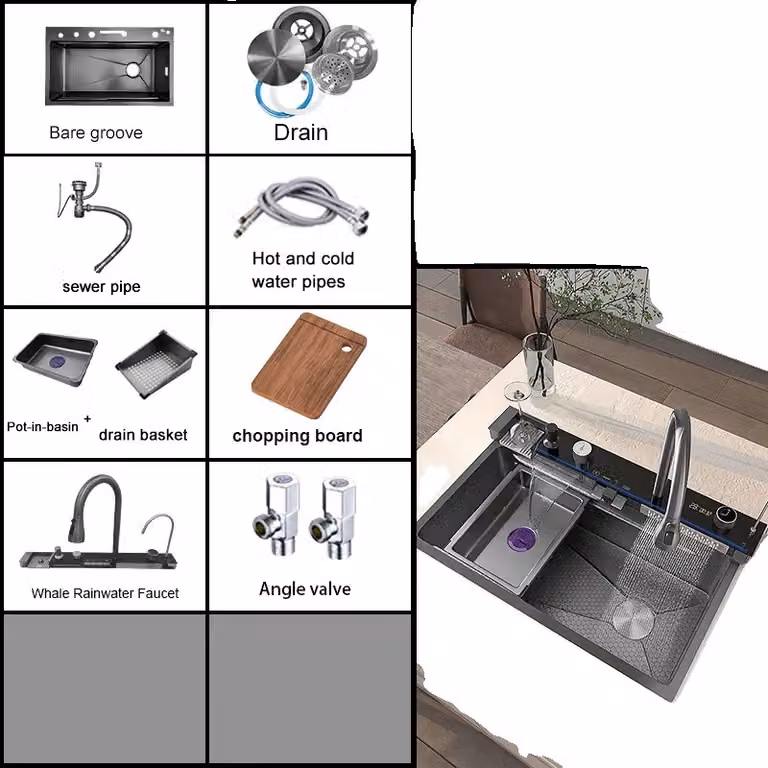 Lavello da cucina in acciaio inox, design a vasca singola, facile installazione, 68x46CM-FM-Right