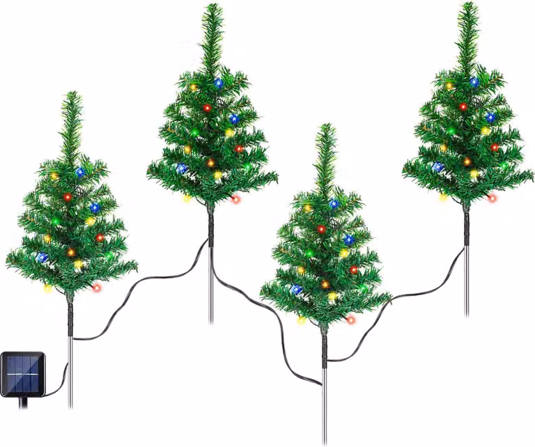 Ikodm, albero di Natale solare da giardino, set di 4 pezzi, 80 LED colorati, 8 modalità di illuminazione, 50 cm, decorazione natalizia per il giardino
