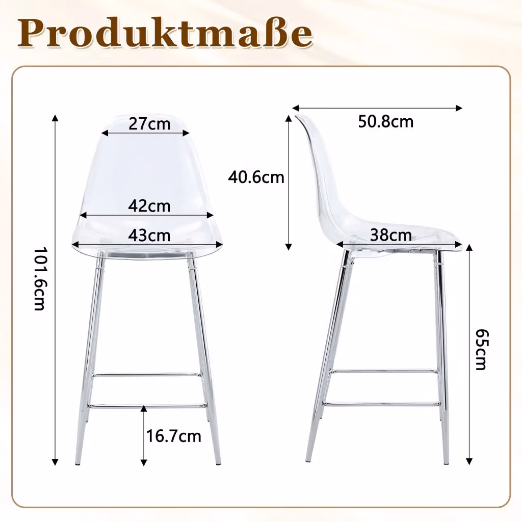Sgabello da bar moderno WISHDOR trasparente con struttura in metallo argento per cucina e zona pranzo L/P/H: 47 x 48 x 68,5 cm – 2
