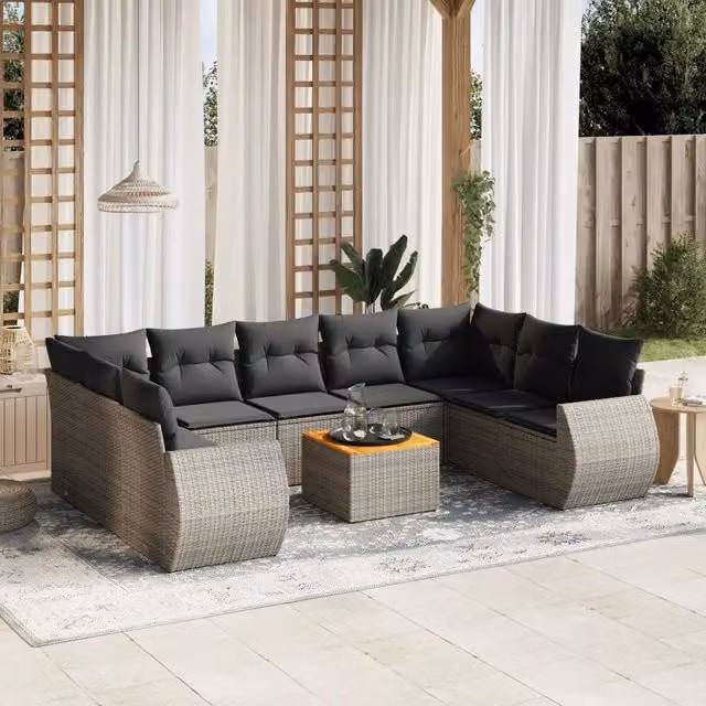 Set Divano da Giardino 10 pz con Cuscini Grigio in Polyrattan 3225150