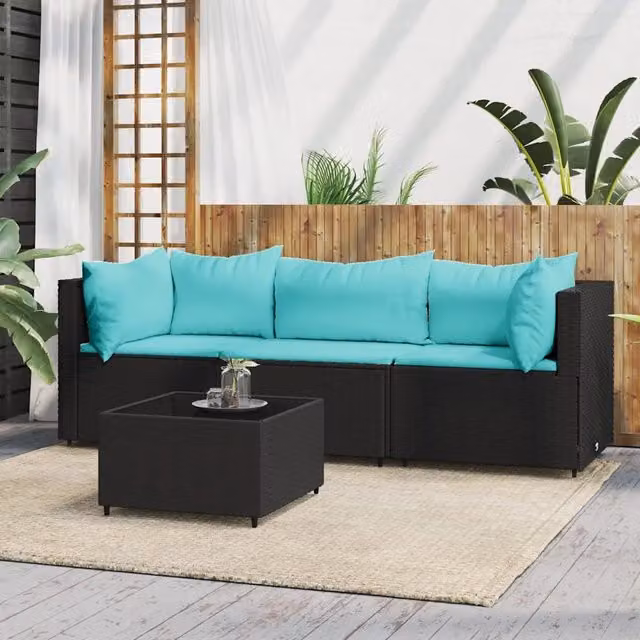 Set Divani da Giardino 4 pz con Cuscini Nero in Polyrattan 319799