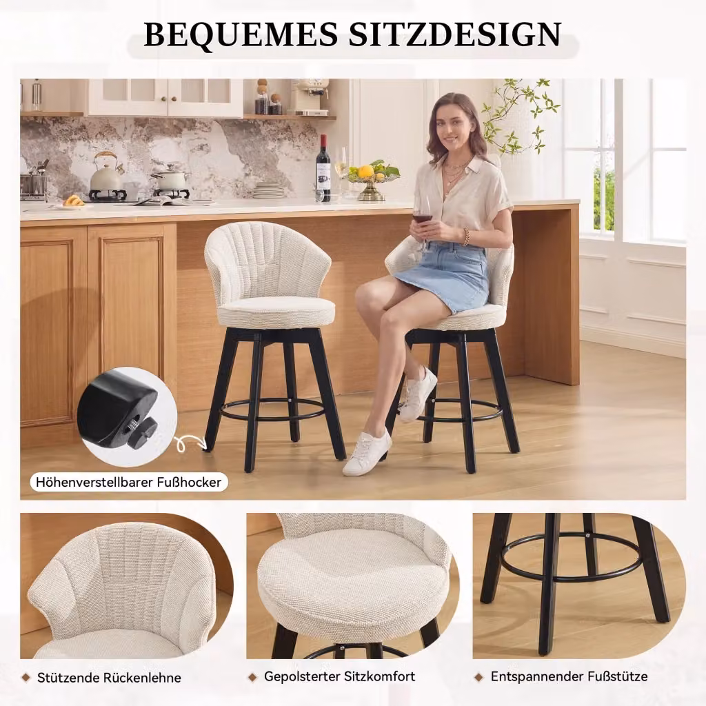Sgabello da bar girevole REDOM con schienale in chenille beige L/P/H: 51 x 52,5 x 92,5 cm – 2
