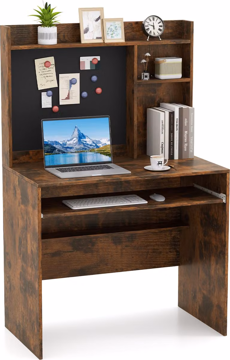 COSTWAY 89x50x138 cm scrivania con bacheca magnetica, piccola scrivania per computer con piano, vassoio per tastiera e ripiano regolabile, tavolo per PC, marrone