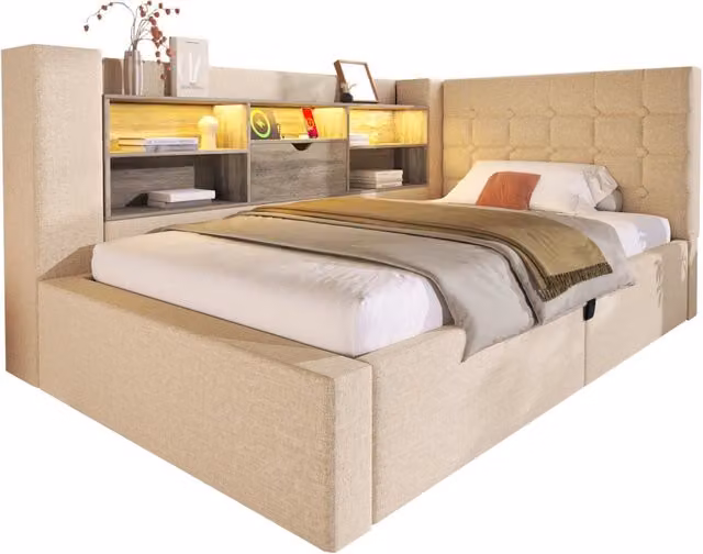 Letto singolo 90x200 cm con LED; contenitore idraulico e materasso; beige