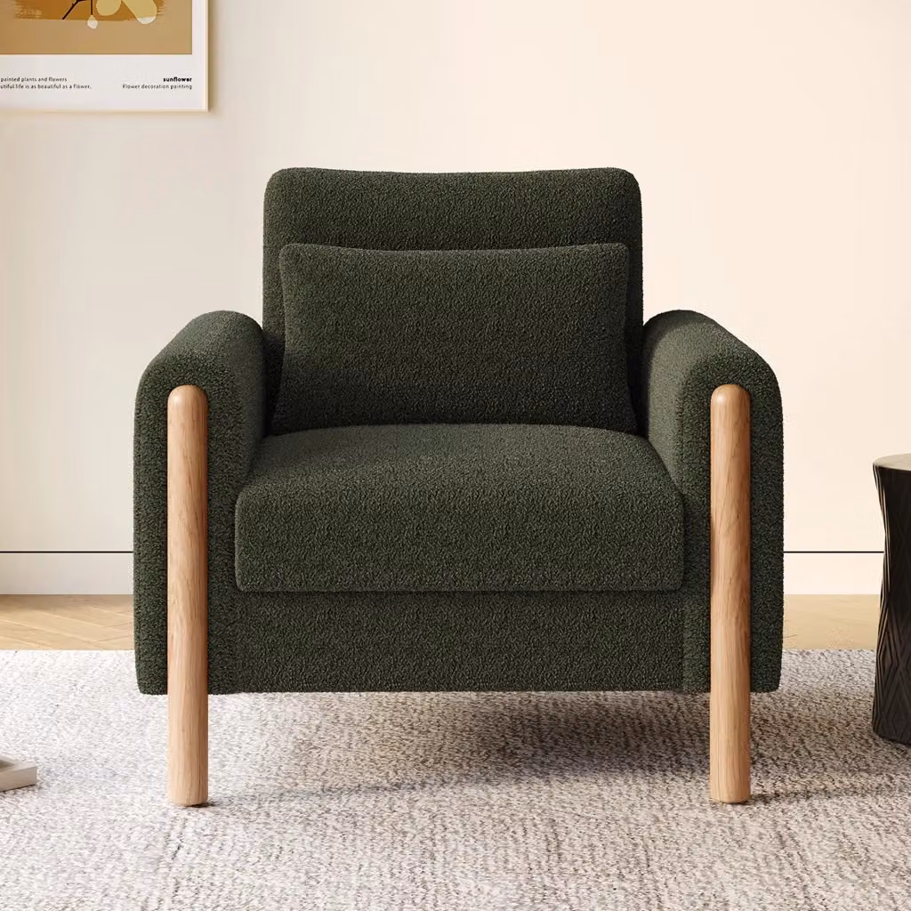 Poltrona lounge Chicfurn a 1 posto in tessuto bouclé verde con braccioli e cuscino spesso, L: 83 cm, P: 87 cm, H: 88.5 cm – 2