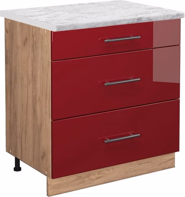 Mobiletto base per cucina Fame-Line Bordeaux lucido/Rovere dorato 80 cm con 3 cassetti, PL Marmo Vicco