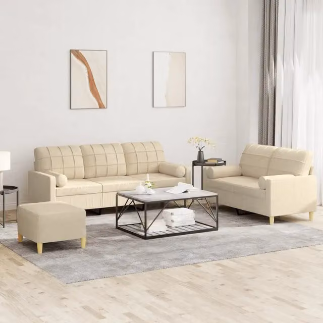 Set di divani moderno vidaXL composto da un divano a 3 posti, un divano a 2 posti e un pouf, colore beige in tessuto con cuscini inclusi