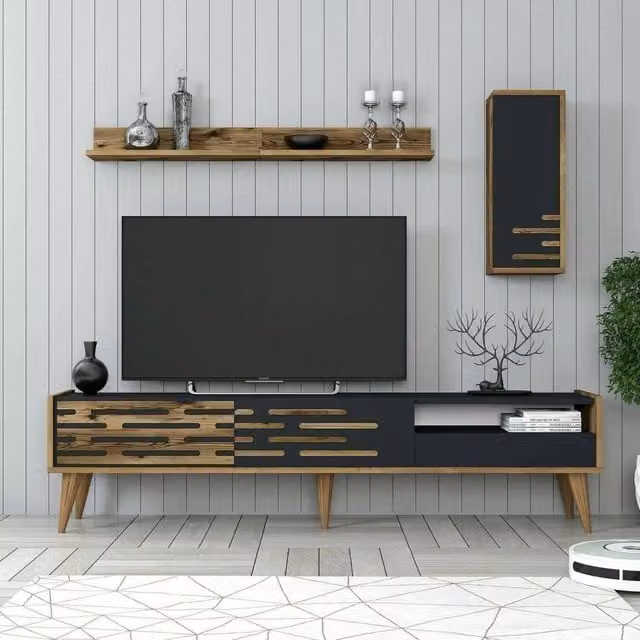 Mobile porta TV Upana, Credenza da soggiorno, Armadio basso per TV, Base parete attrezzata, 180x45h35 cm, Antracite e Noce