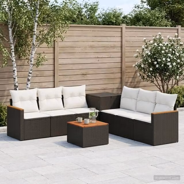 Set di mobili da giardino vidaXL in polyrattan nero e bianco con divani a L, tavolino e cuscini inclusi – 1