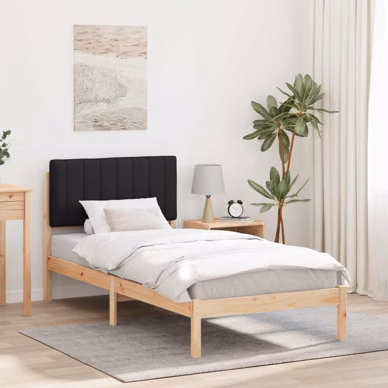Letto moderno vidaXL in legno di pino con testiera rivestita in tessuto, colori beige, nero e marrone, L/P/H: 90 x 200 x 100 cm