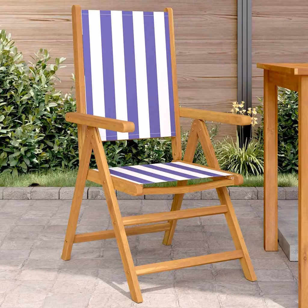 Set di 2 sedie pieghevoli vidaXL in legno di acacia oliato e tessuto a righe blu e bianche con braccioli per giardino e balcone
