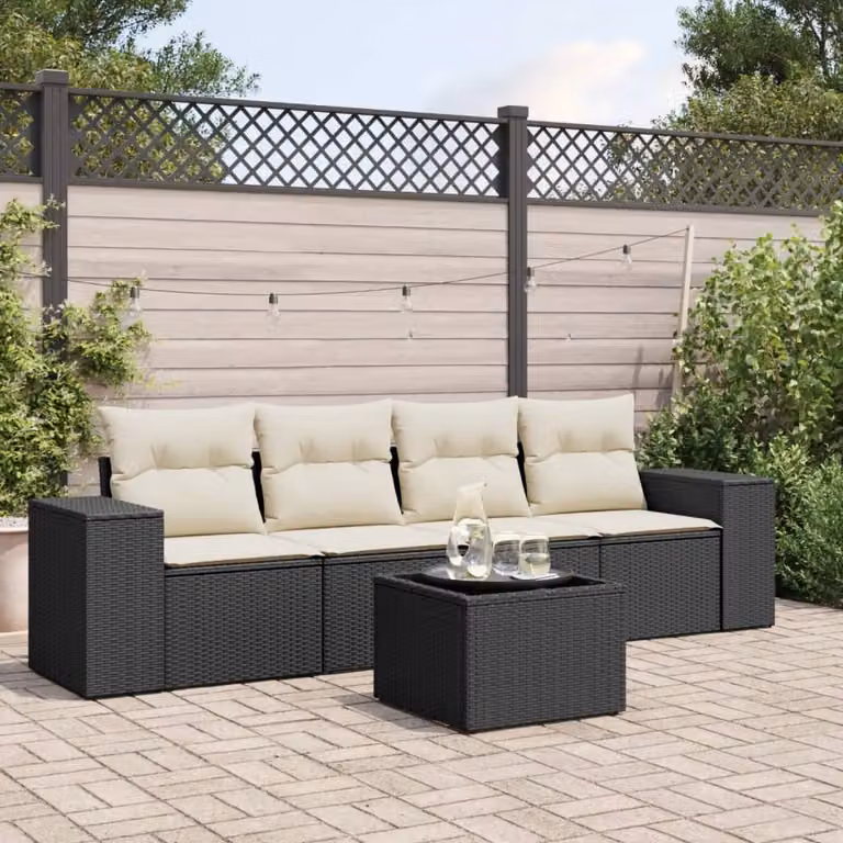 Set da giardino vidaXL composto da 5 pezzi in polyrattan nero con cuscini inclusi