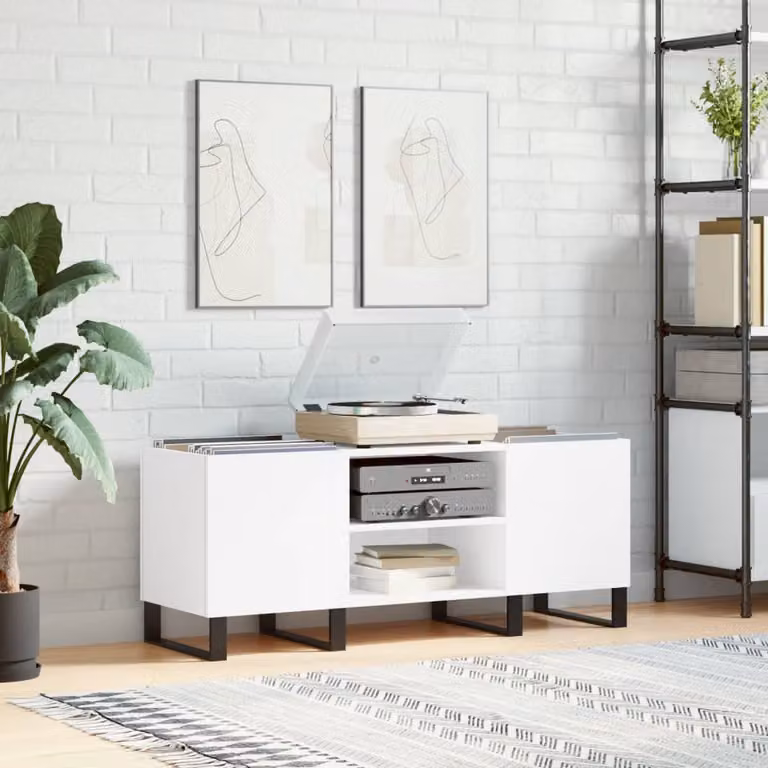 vidaXL Mobile Porta Dischi Bianco in Legno Multistrato e Metallo L: 121 cm, P: 38 cm, H: 48 cm