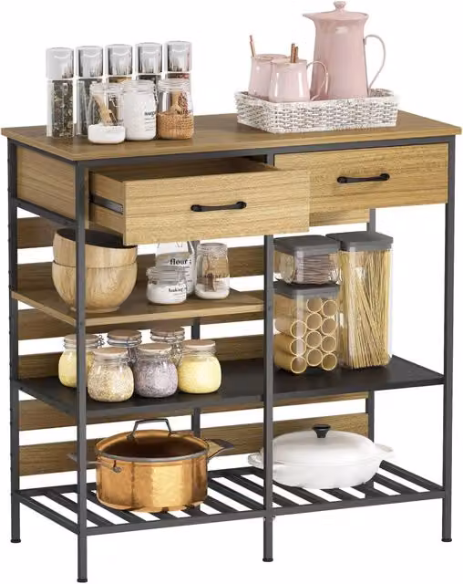 Credenza Minimal con 2 cassetti e 3 mensole in legno naturale e nero L: 90 cm, P: 40 cm, H: 91 cm