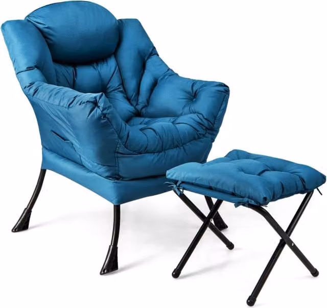 Poltrona da lettura moderna Design Mania con cuscino, braccioli, tasca laterale e poggiapiedi, Blu