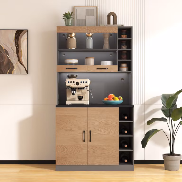 Flieks mobili alti da cucina buffet con LED, mobili da cucina a buffet con vani a giorno, mobile buffet cucina alto, finitura naturale