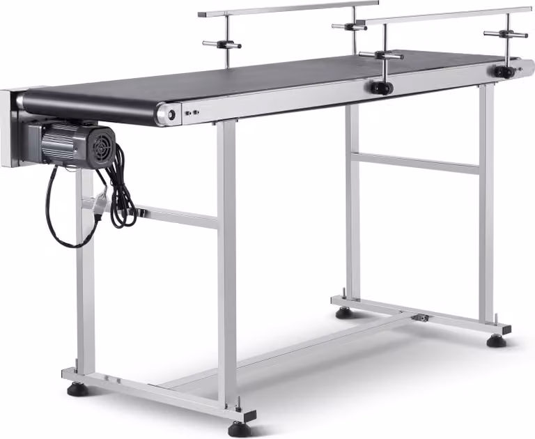 Trasportatore a nastro, piano di trasporto 1498,6 x 398,8 mm, trasportatore a nastro motorizzato per applicazioni di codifica a getto d'inchiostro, nastro in PVC azionato, antistatico, velocità regolabile (doppio binario di protezione)