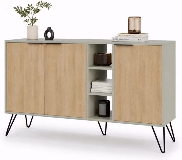 Madia Moderna Credenza con 3 Ante e Vani a Giorno 142x83 cm Quercia e Verde