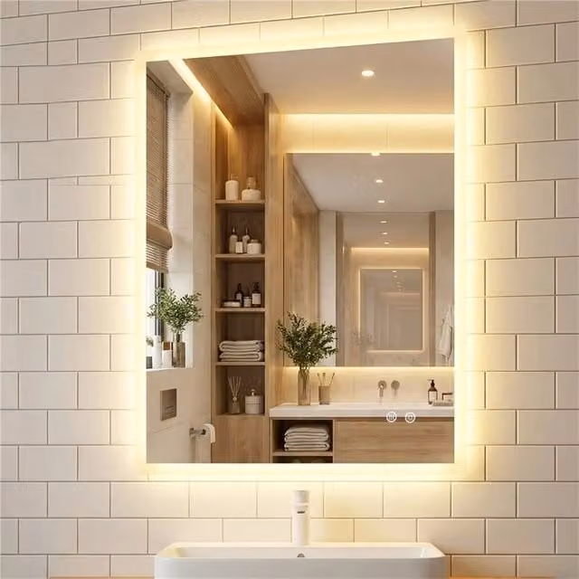 Specchio da bagno DESIGN IN rettangolare con LED, funzione anti-appannamento, dimmerabile e 3 colori, in vetro temperato, L: 80 cm, H: 60 cm, P: 3 cm