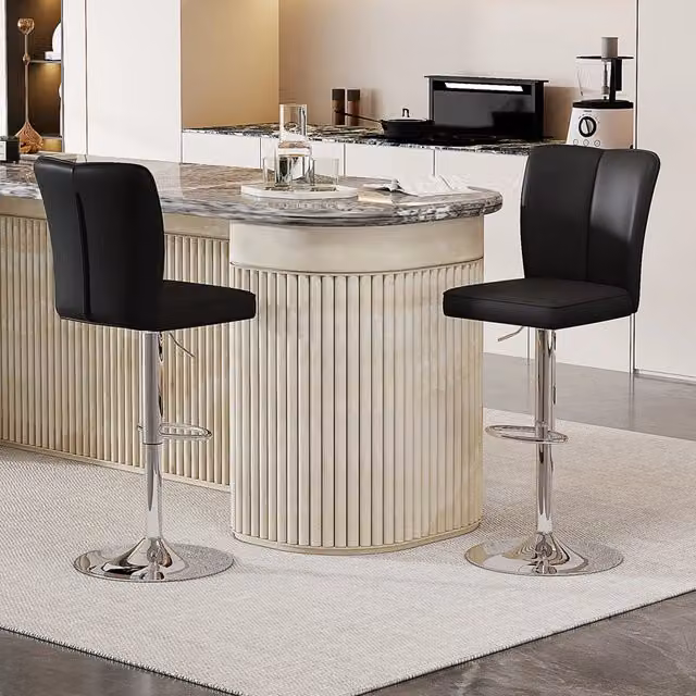 Set di 2 Sgabelli da Bar Xylo Regolabili e Girevoli 360°, Rivestimento in Ecopelle Nero e Struttura in Metallo Argento