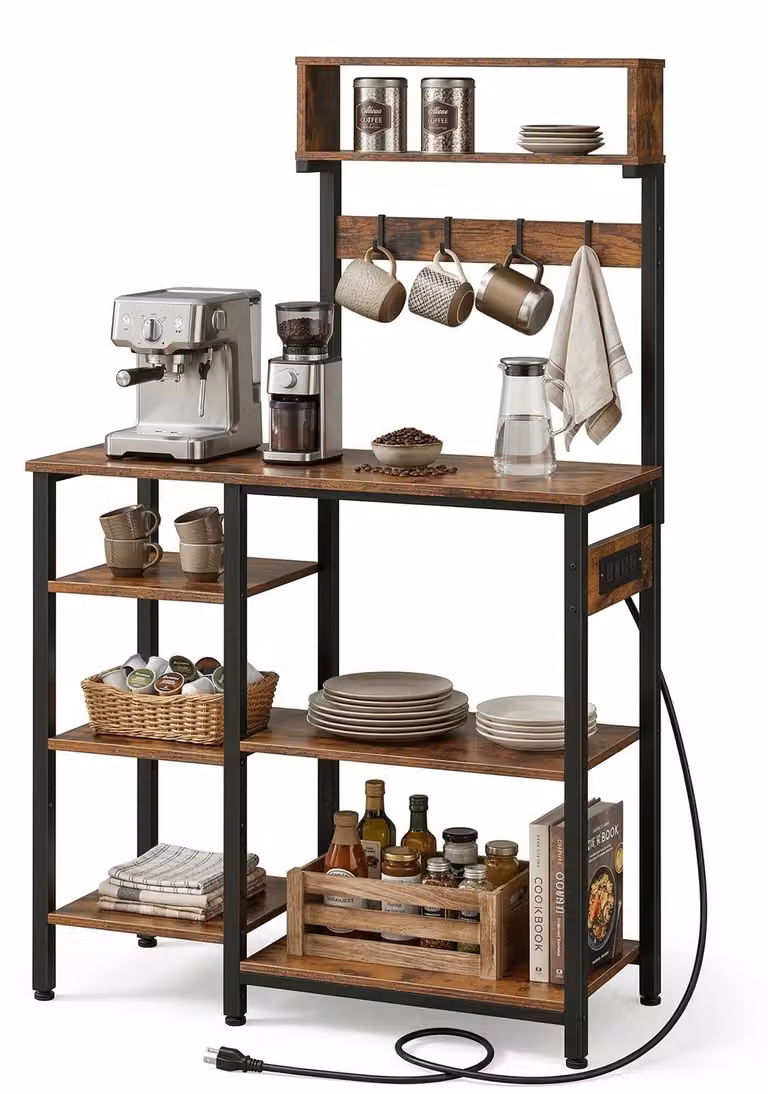 Scaffale da cucina Relaxdays con presa di corrente e porta USB, LxPxA: 151x82x40 cm, scaffale per microonde, effetto legno, aperto, metallo, marrone/nero