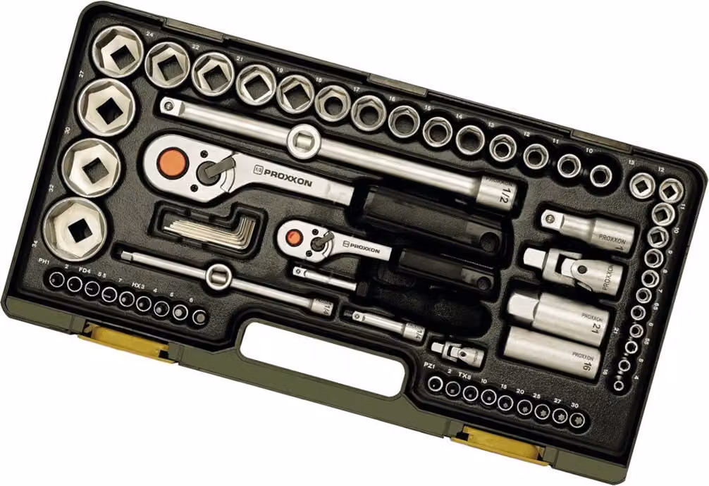 Proxxon Steckschlüsselsatz, Komplettsatz mit 1/4'' und 1/2''-Umschaltratsche