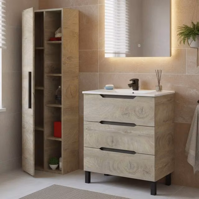 Set Mobili Bagno DMORA Laterza con Mobile Lavabo e Colonna, Rovere Marrone, Moderno