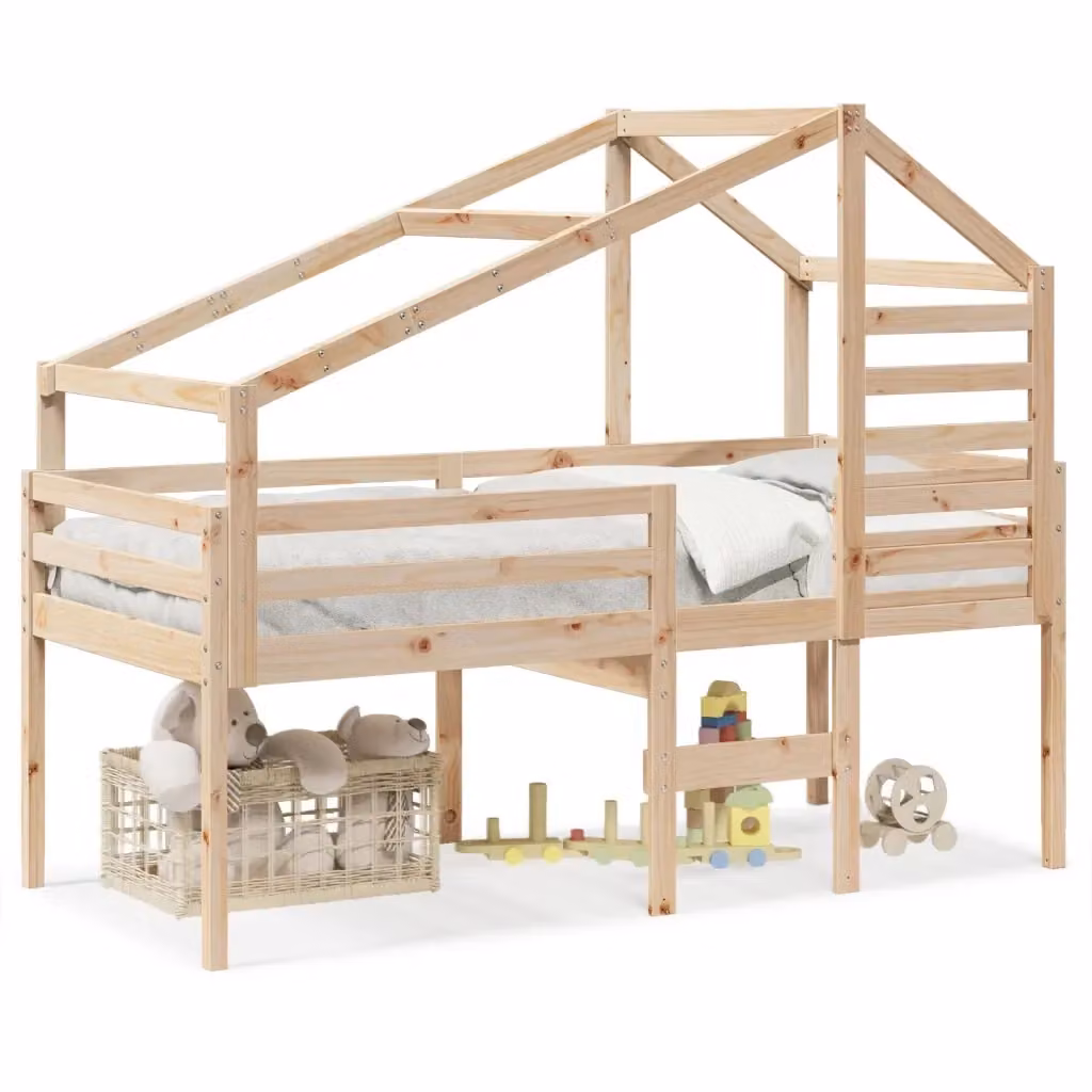 Letto a soppalco con tetto a casetta vidaXL in legno di pino marrone per bambini L/P: 200 x 90 cm – 2