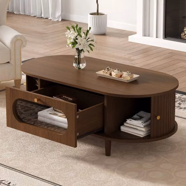 Tavolino da soggiorno 100 x 50 x 36 cm in MDF color noce con cassetto e ante avvolgibili