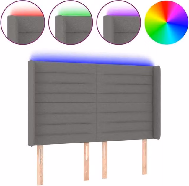 Testata del letto con illuminazione LED e porta USB in tessuto grigio, L: 147 cm, P: 16 cm, H: 118-128 cm – 1