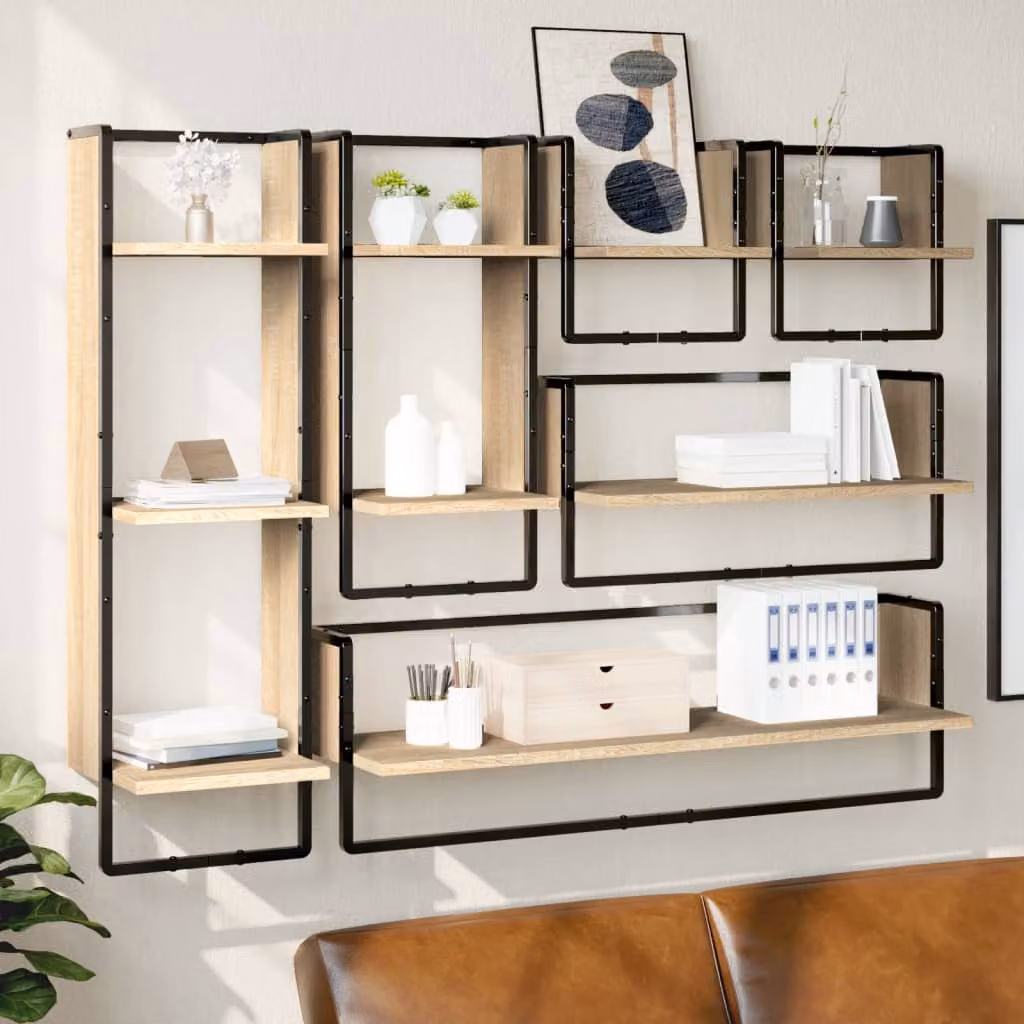 Set di 6 mensole da parete con aste vidaXL in legno multistrato e metallo, colore Rovere Sonoma