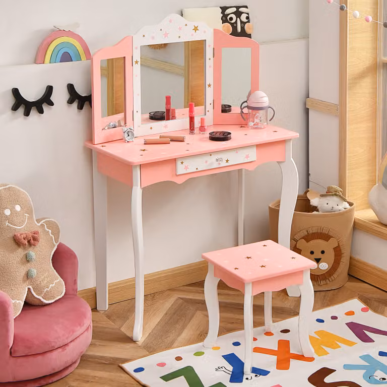 COSTWAY Tavolino da toilette per bambini con sgabello, tavolino da toilette per principesse con cassetto e specchio pieghevole a 3 ante, tavolino da toilette rosa bianco, tavolino da trucco per ragazze