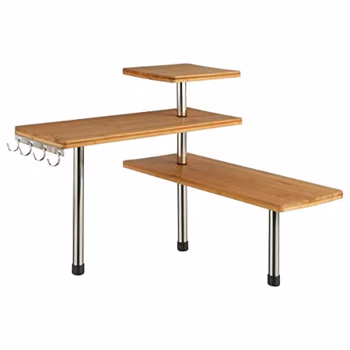 Mensola angolare in bambù e acciaio inossidabile - Cucina - Bagno o su una scrivania - Ideale per risparmiare spazio, Legno, L. 43,5 x L. 43,5 x H. 39 cm