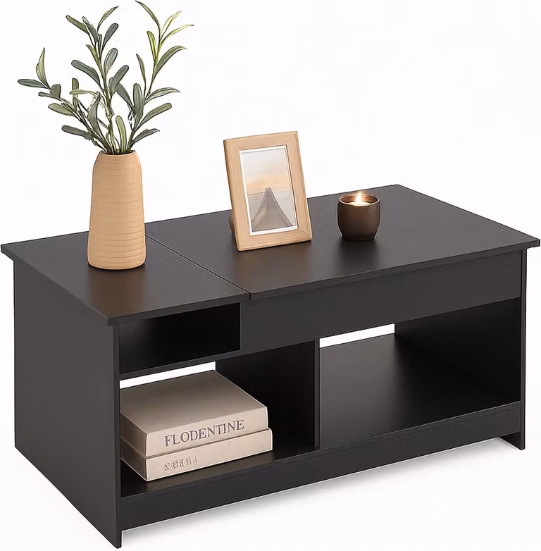 Tavolino da salotto pieghevole con spazio contenitore - Altezza regolabile - 50x110x50 cm - Nero