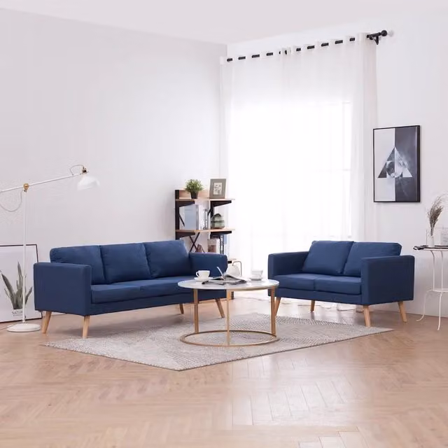 Set di divani vidaXL in tessuto blu composto da un divano a 2 posti e un divano a 3 posti con struttura in legno massiccio e cuscini inclusi – 1