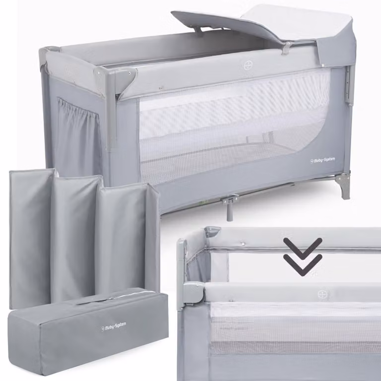 Letto multifunzione 3 in 1, con fasciatoio, materasso e tasca, colore grigio