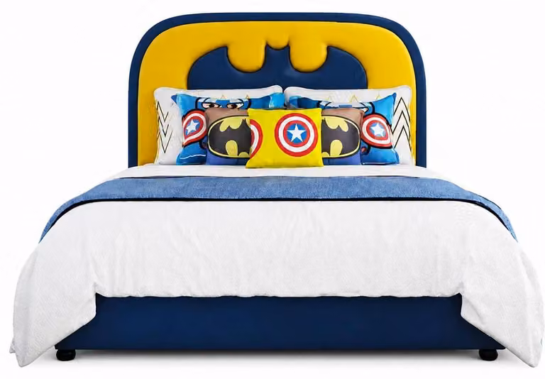 Letto per bambini Batman, blu e giallo, in pelle, ideale per ragazzi, bellissimi mobili per l'infanzia