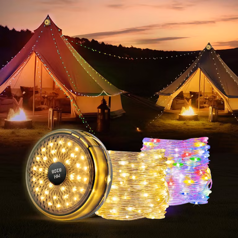 Catena luminosa a LED per campeggio, 12 metri, 10 modalità, grado di protezione IP67, ricaricabile