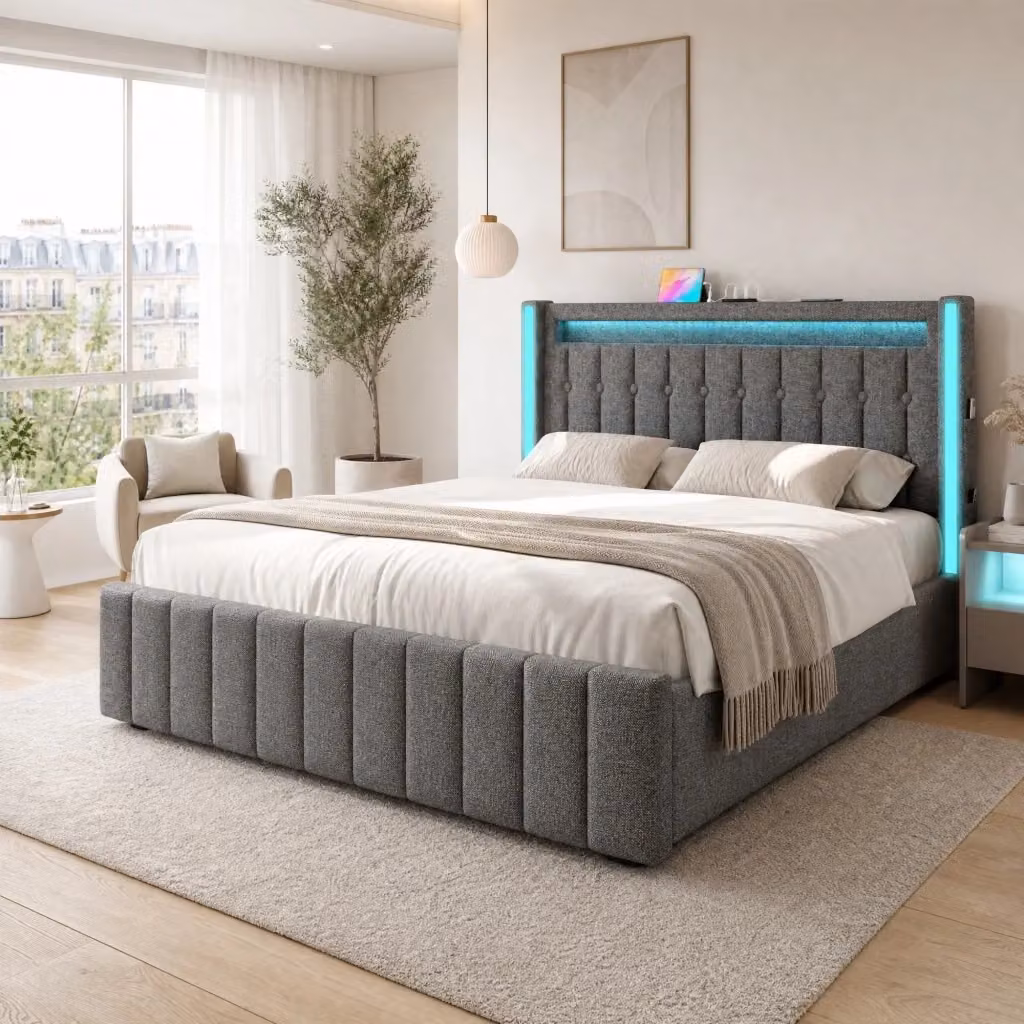 Letto matrimoniale imbottito MODFU grigio con illuminazione LED, porte USB, mensola e 4 cassetti L/P/H: 209 x 160 x 104 cm – 2