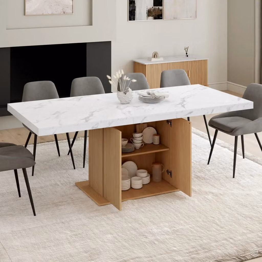 IDMarket Tavolo da pranzo rettangolare allungabile JULIETTE bianco con piano effetto marmo e doghe in legno con contenitore 160-200 cm – 2