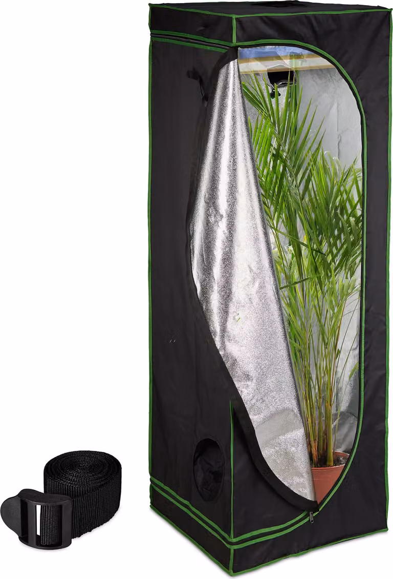 Tenda da coltivazione Relaxdays, A x L x P: 180 x 60 x 60 cm, rivestimento interno riflettente, opaca, tenda da coltivazione per interni, nero/verde