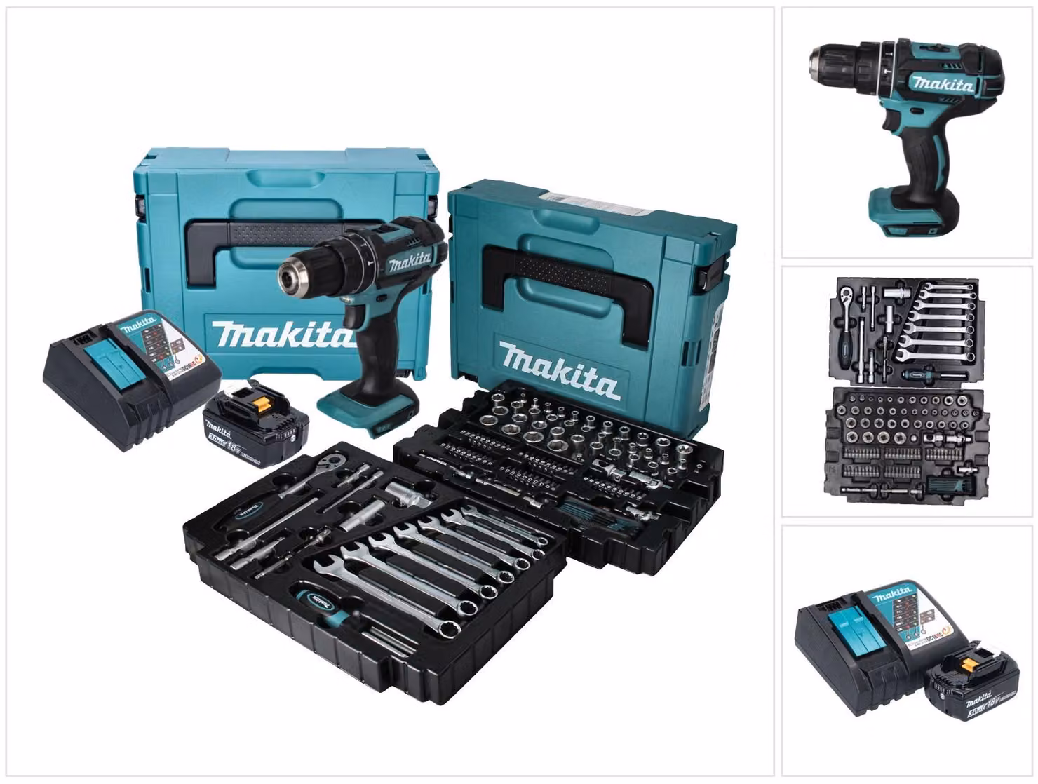 Makita DHP 482 RF1J trapano a percussione a batteria 18 V + set di accessori da 120 pezzi + 1x batteria ricaricabile 3,0 Ah + caricabatterie + Makpac