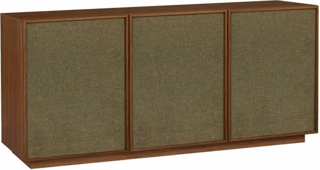 Credenza decorativa in legno e tessuto, 3 ante. 160 cm, noce