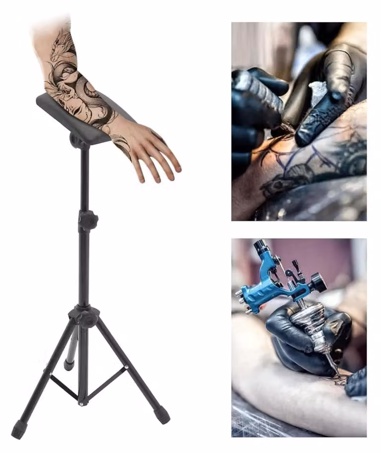 Bracciolo e poggiagambe per tatuaggi - Supporto - Pieghevole - Regolabile in altezza e inclinazione - Imbottitura in pelle 25 cm - Nero